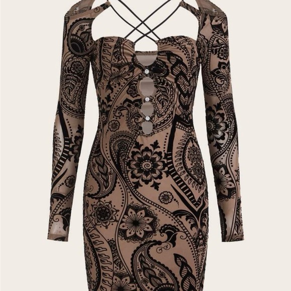 SHEIN ICON Paisley Print Crisscross Front Cold Shoulder Bodycon Dress - Picture 1 of 3